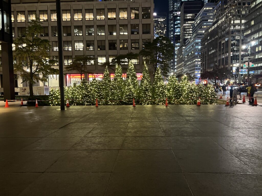 Office plaza with trees wrapped in warm white lights between office towers